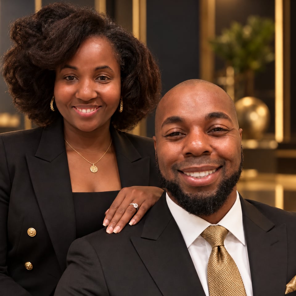 Rashon and Marie Arrington, founders of Open Doors Financial Group, smiling in dark suits